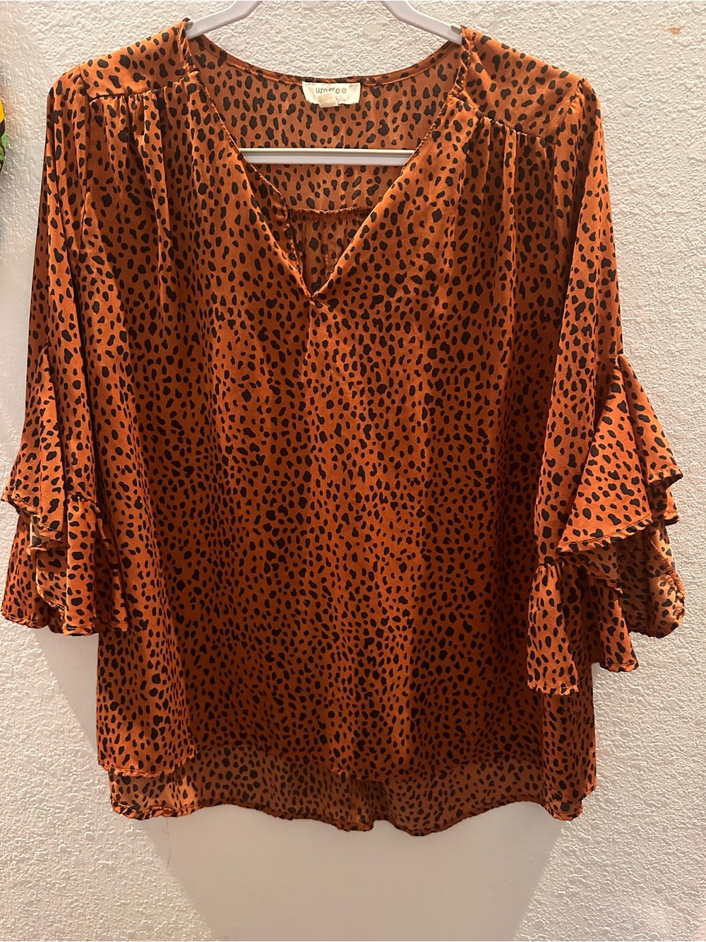 Umgee Burnt Orange Leopard Print V-Neck Ruffle Sleeve Blouse